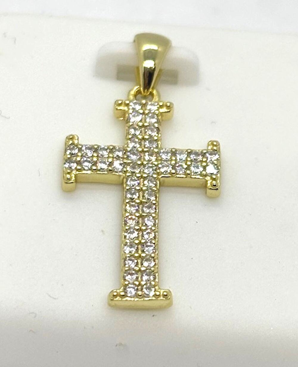 925 Sterling Silver Religious Cross CZ Necklace Pendant 27mm Yellow Gold Plated